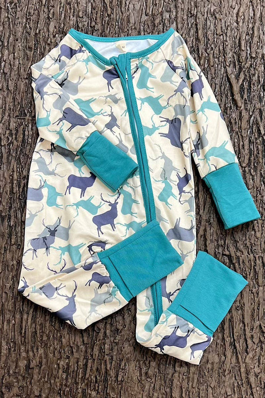 Elk printed on ivory baby romper with fold over hands and footie. LR0505-6-AMY