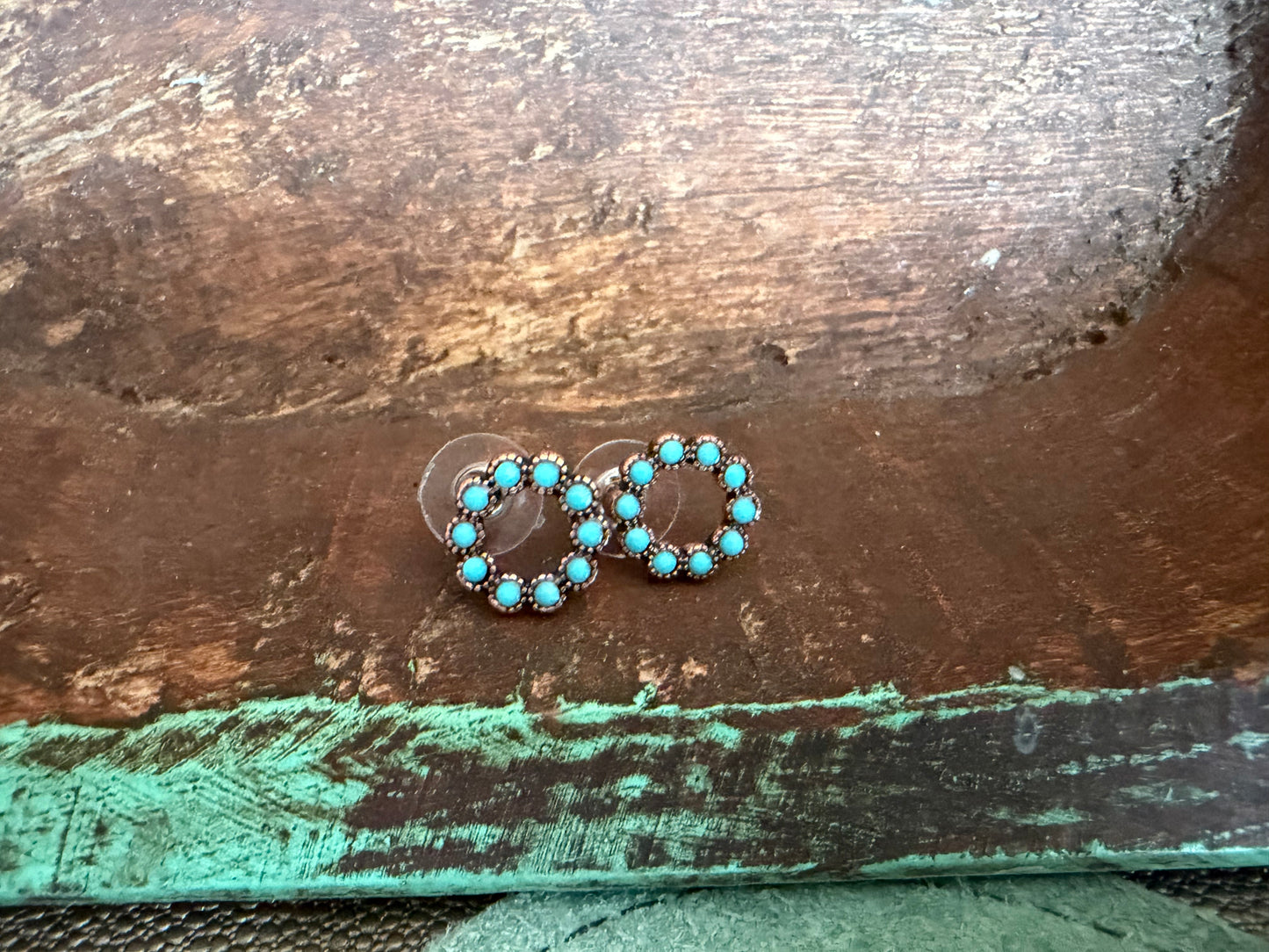turquoise gem circle stud rose gold