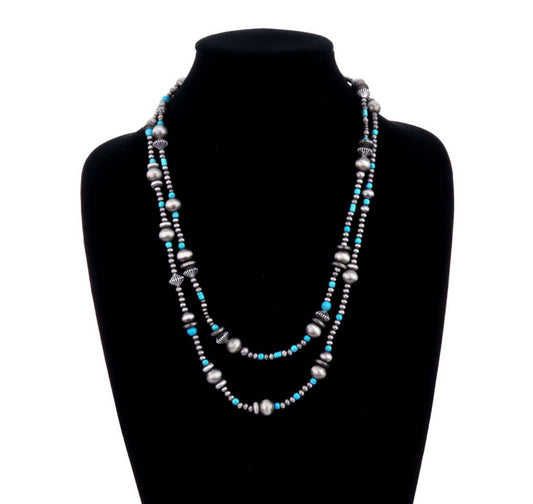 2 Layered Navajo Style Pearl and Bead Necklace
