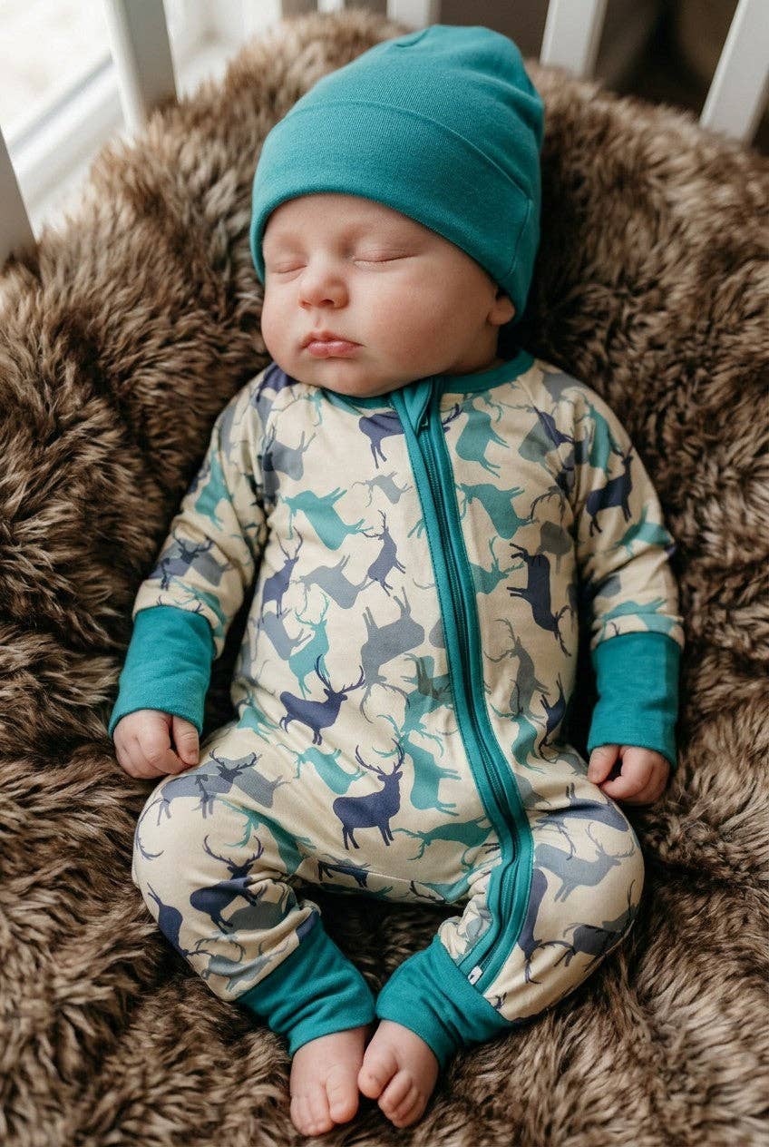 Elk printed on ivory baby romper with fold over hands and footie. LR0505-6-AMY