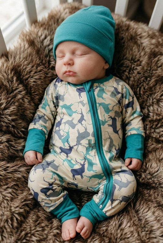 Elk printed on ivory baby romper with fold over hands and footie. LR0505-6-AMY