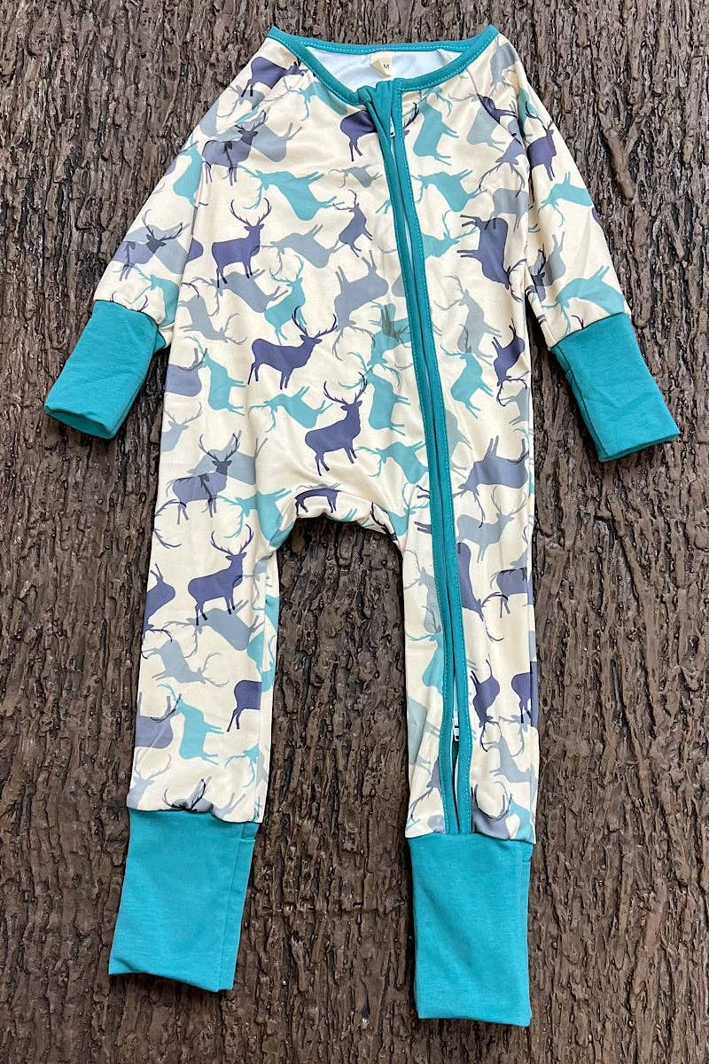 Elk printed on ivory baby romper with fold over hands and footie. LR0505-6-AMY