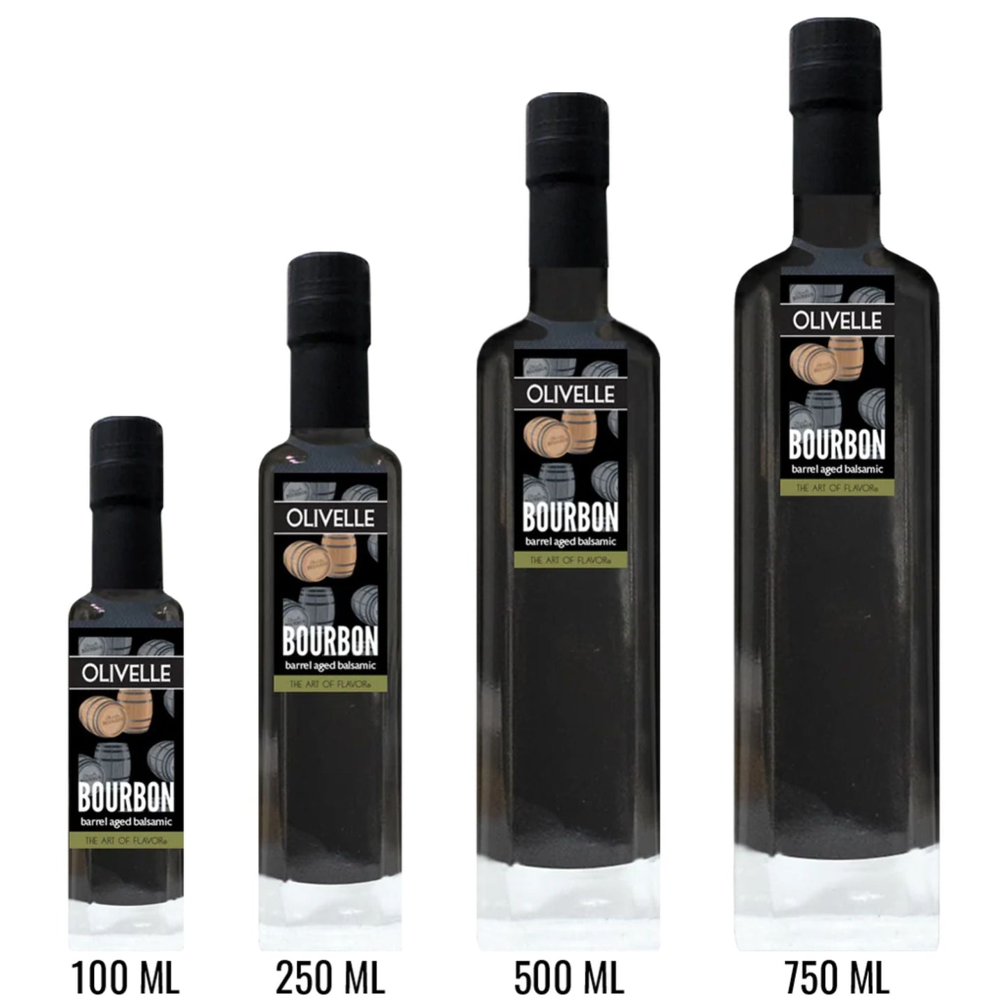 Four dark glass bottles of Olivelle Bourbon salted aged balsamic vinegar in different sizes (100 ML, 250 ML, 500 ML, and 750 ML), arranged in ascending order of height against a white background.