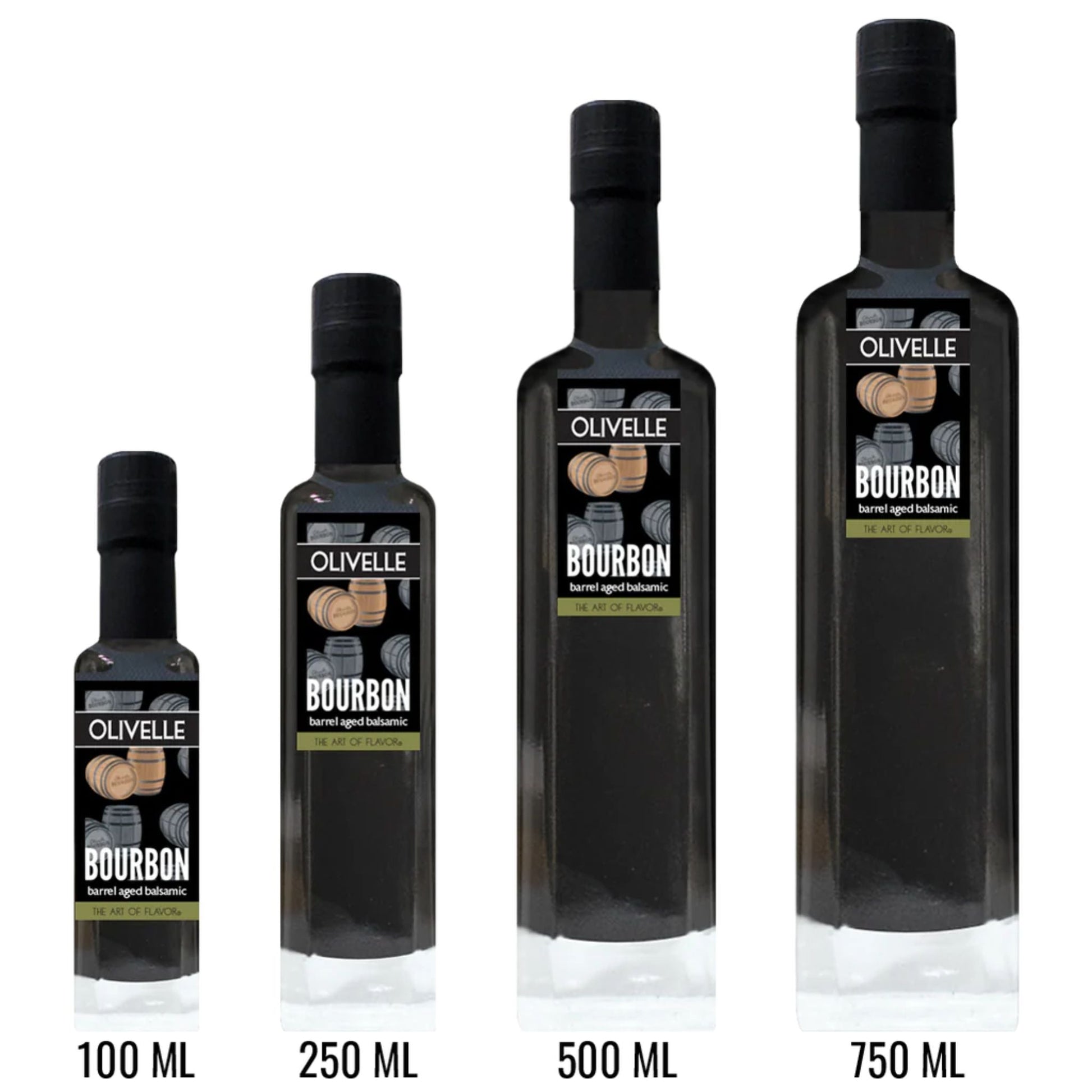 Four dark glass bottles of Olivelle Bourbon salted aged balsamic vinegar in different sizes (100 ML, 250 ML, 500 ML, and 750 ML), arranged in ascending order of height against a white background.