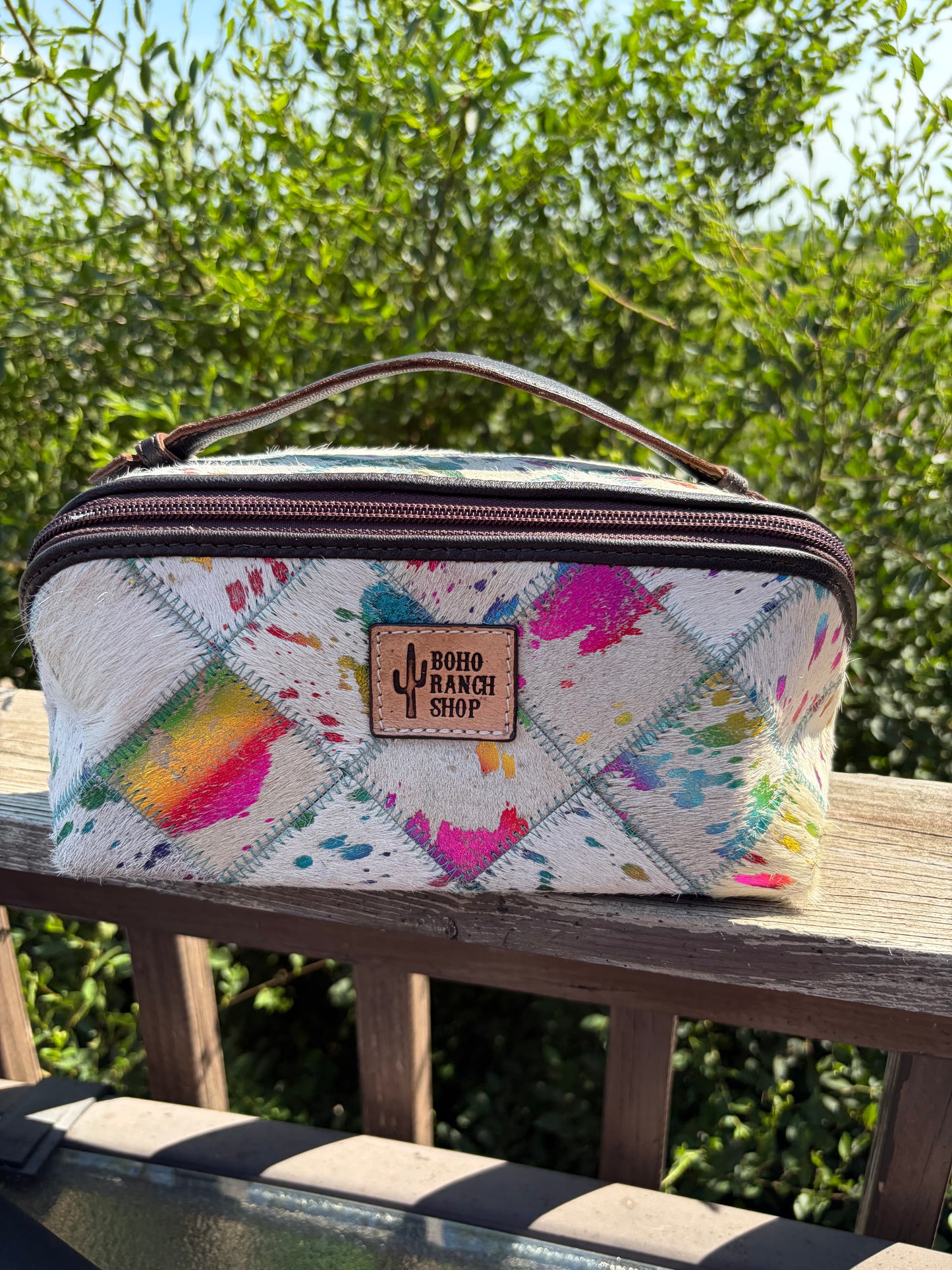 Cowhide Makeup Bag Leather Cosmetic Diagonal Opening