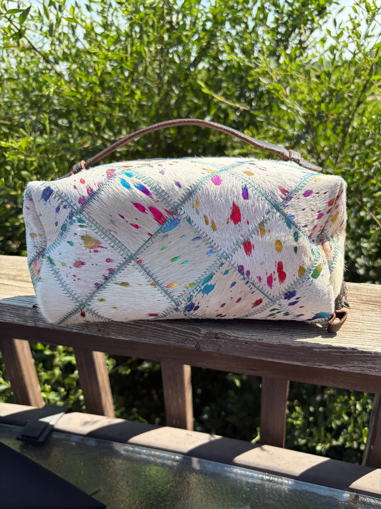 Cowhide Makeup Bag Leather Cosmetic Diagonal Opening