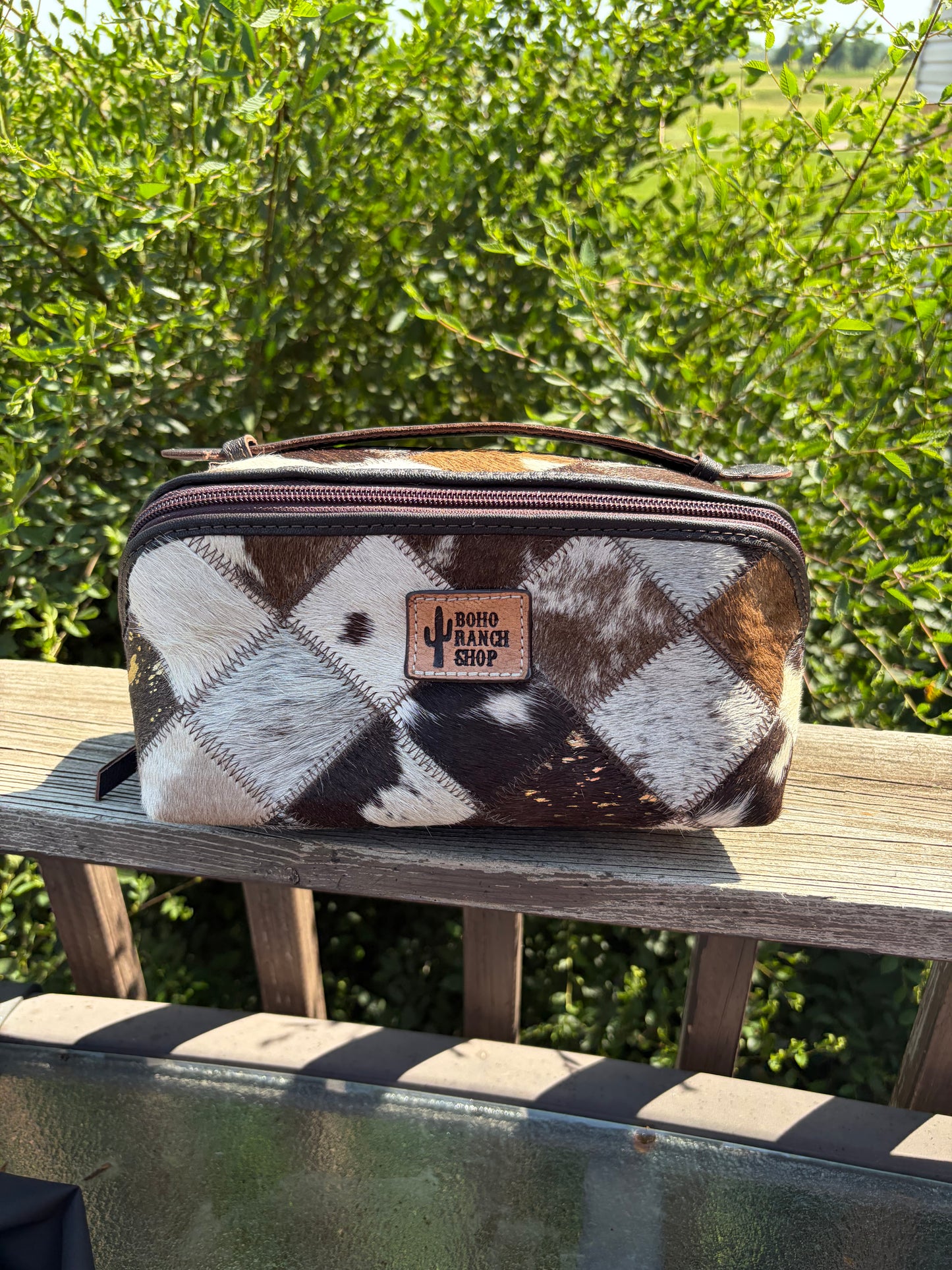 Cowhide Makeup Bag Leather Cosmetic Diagonal Opening