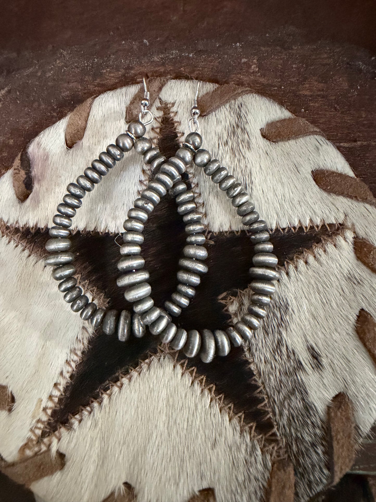 Western Flat Navajo Pearl Teardrop Hoop Drop Earrings