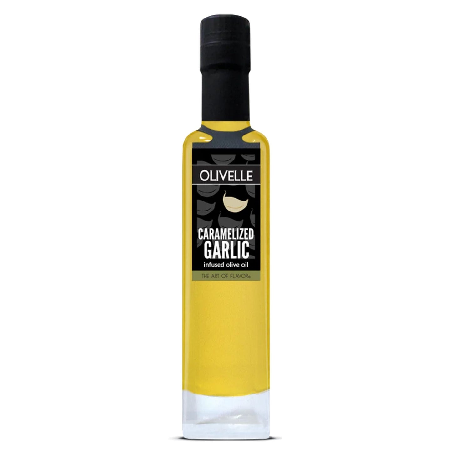 A bottle of Olivelle Caramelized Garlic infused olive oil, featuring a clear glass bottle filled with golden yellow oil, a black cap, and a black label with white text.