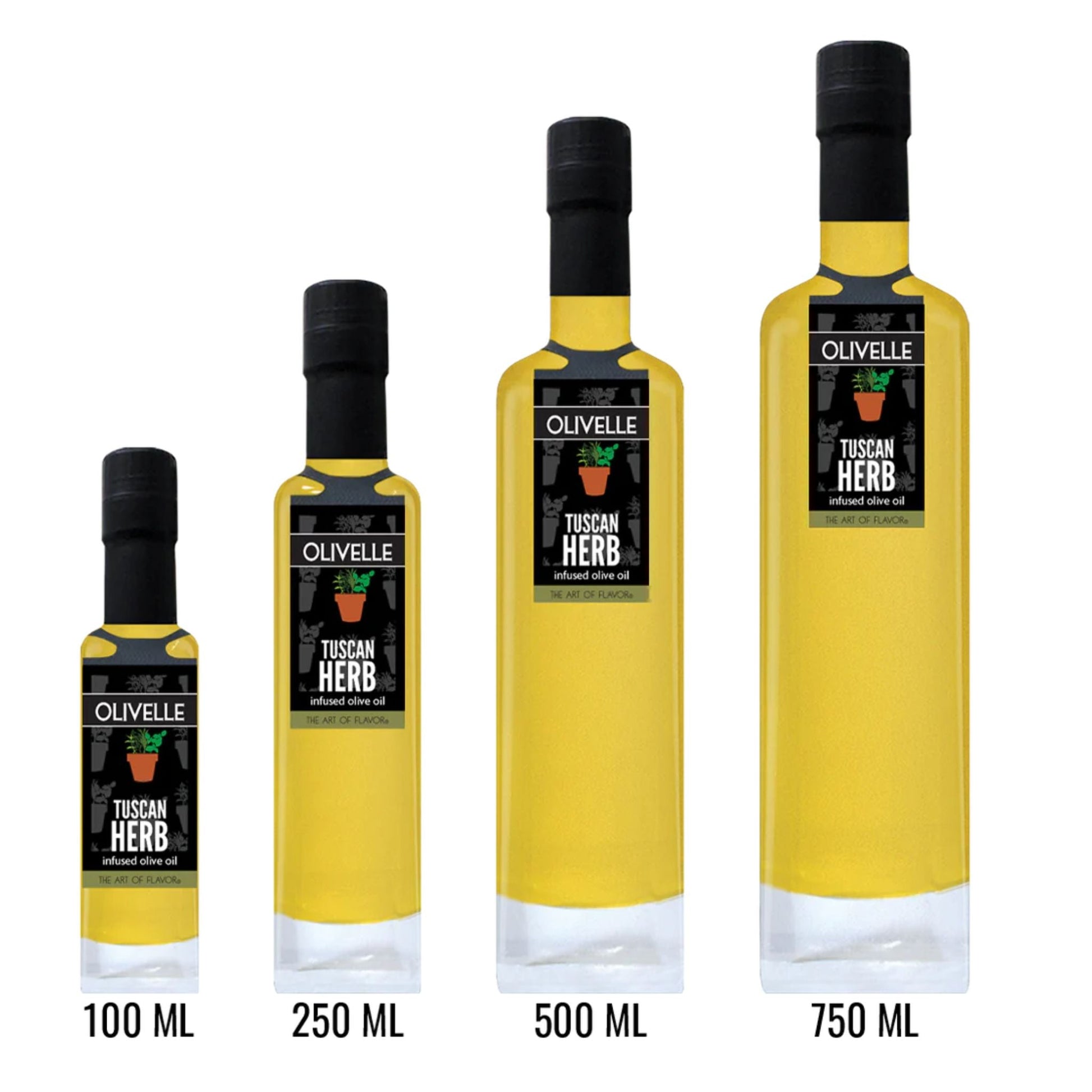 Four bottles of Olivelle Tuscan Herb olive oil shown in increasing sizes: 100 mL, 250 mL, 500 mL, and 750 mL. The bottles are filled with yellow oil and have black caps with black labels featuring the Olivelle brand and a small green herb illustration.