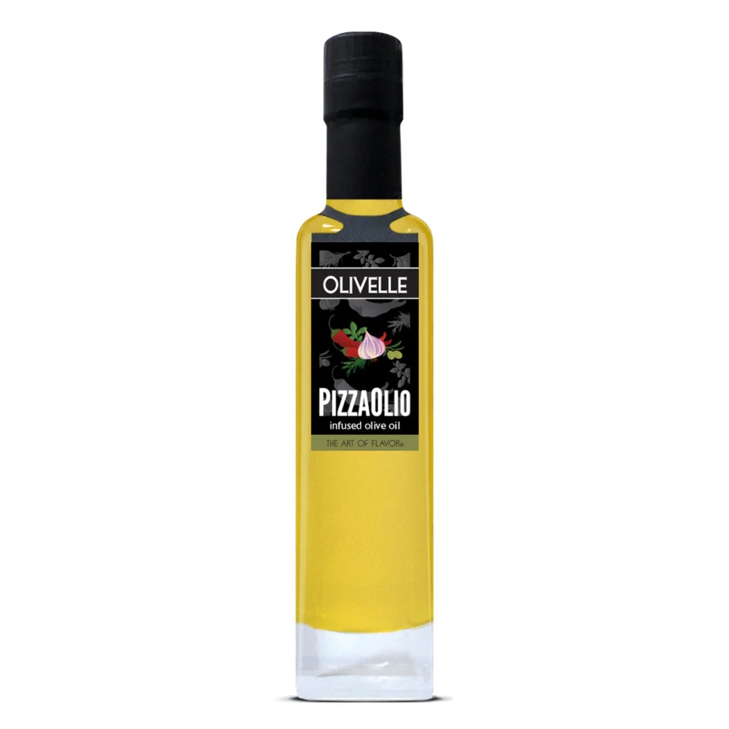 A bottle of Olivelle PIZZAOLIO infused olive oil, featuring a clear glass bottle filled with golden-yellow oil, a black cap, and a black label with white text and food illustrations, set against a plain white background.