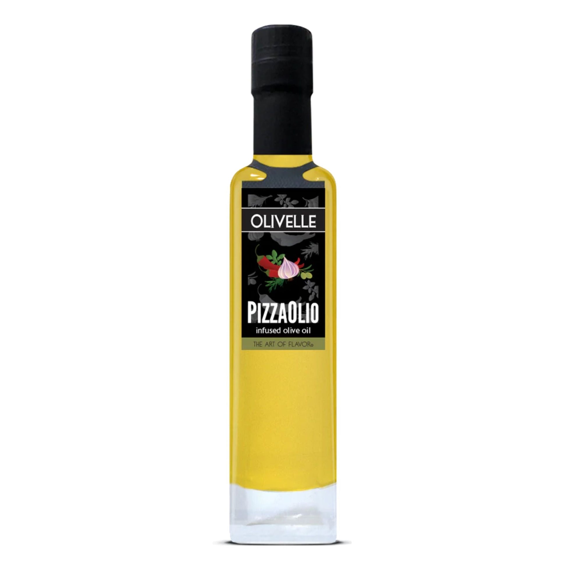 A bottle of Olivelle PIZZAOLIO infused olive oil, featuring a clear glass bottle filled with golden-yellow oil, a black cap, and a black label with white text and food illustrations, set against a plain white background.