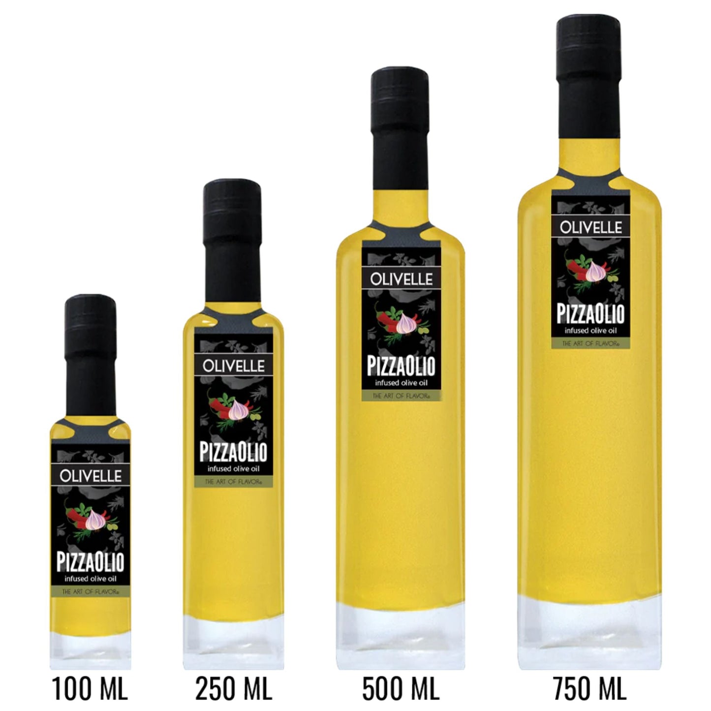 Four bottles of Olivelle Pizzadliòo infused olive oil in 100 ML, 250 ML, 500 ML, and 750 ML sizes, arranged by volume from smallest to largest on a white background.