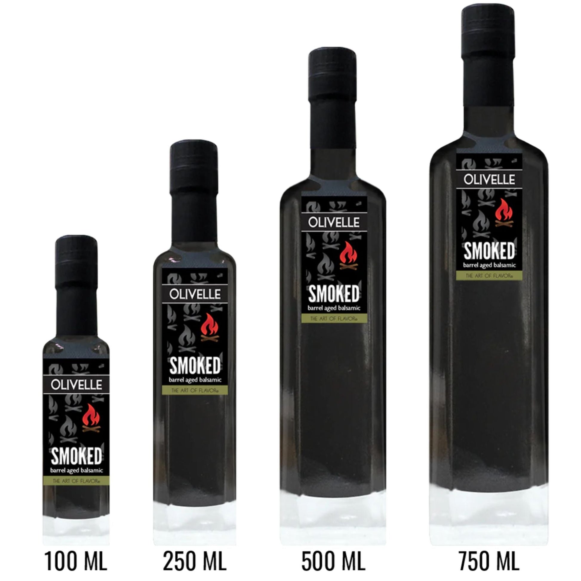 Four dark glass bottles of Olivelle Smoked Salted Olive Oil in 100 mL, 250 mL, 500 mL, and 750 mL sizes, arranged by volume from smallest to largest on a white background with text labels below each bottle.