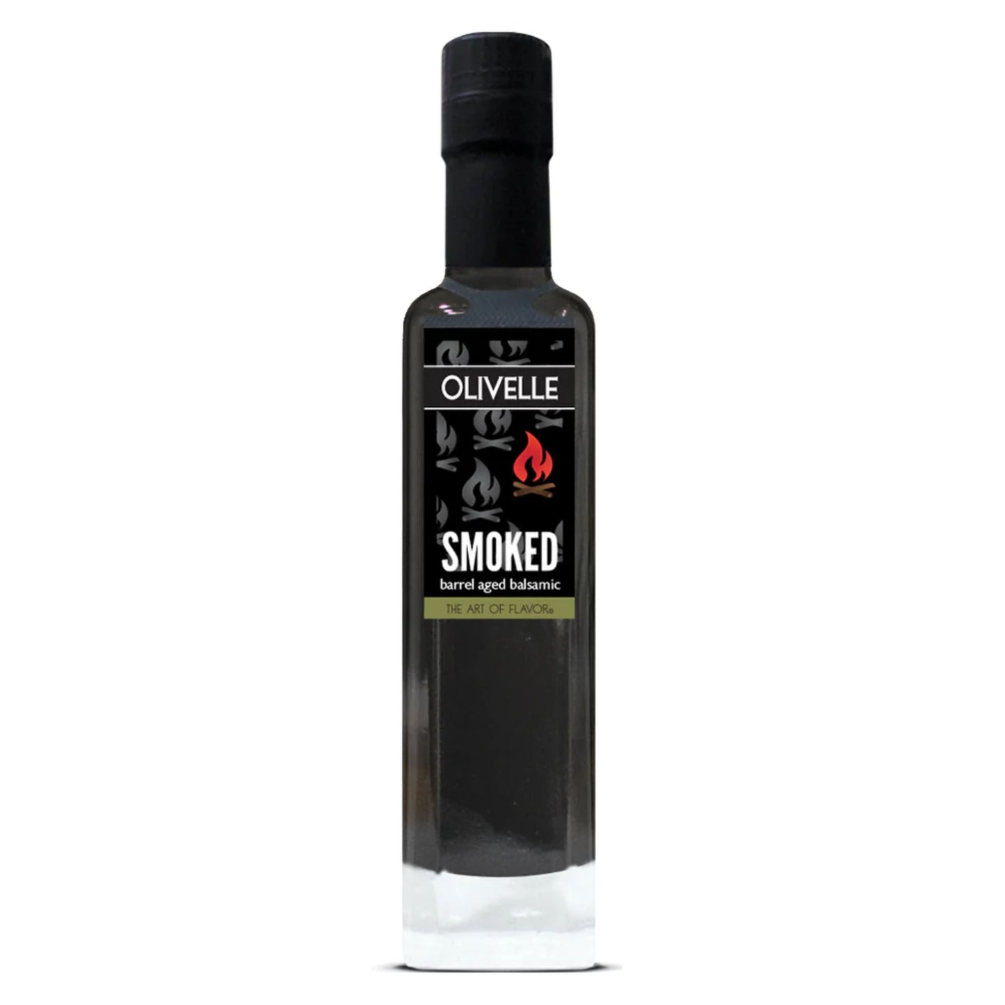 A bottle of Olivelle Smoked Barrel Aged Habanero pepper oil, featuring a tall, slender black glass bottle with a black cap and a black label with white and red text.