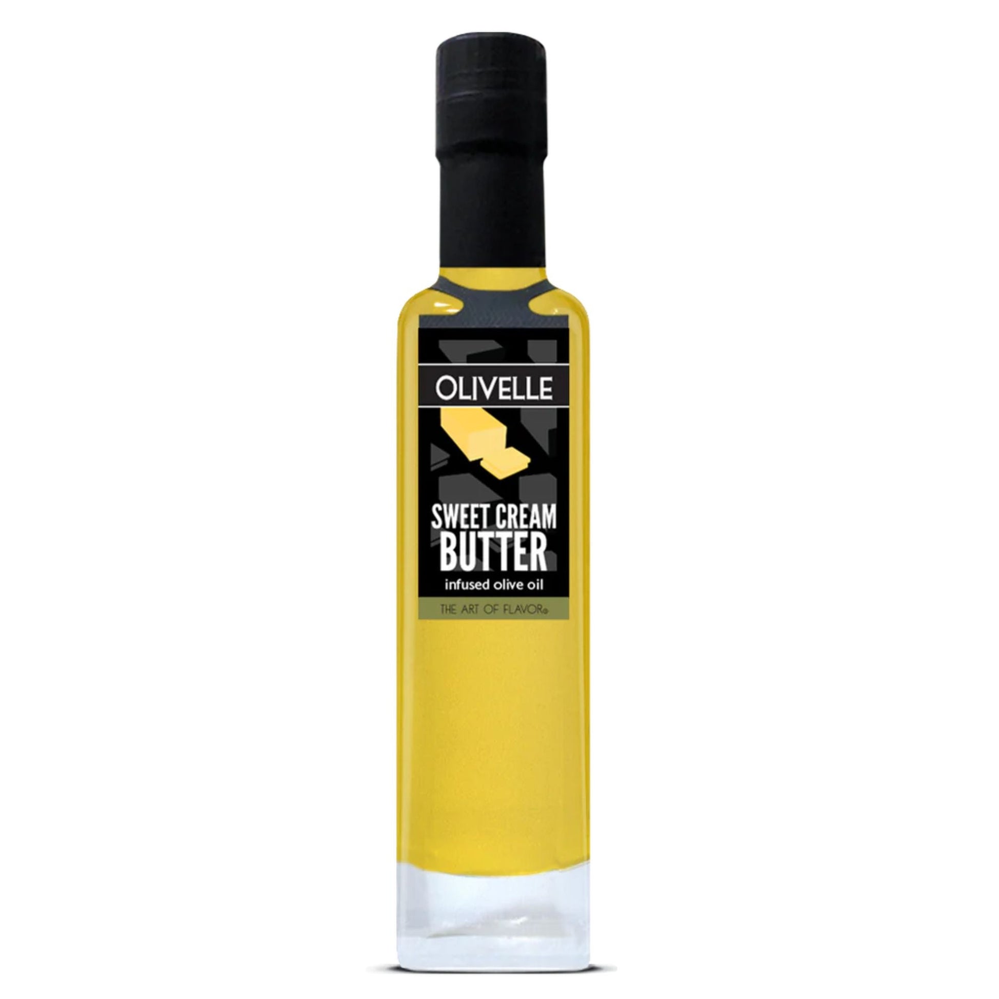 A bottle of Olivelle Sweet Cream Butter infused olive oil, featuring a clear glass bottle filled with golden yellow oil, a black cap, and a black label with white and yellow text.