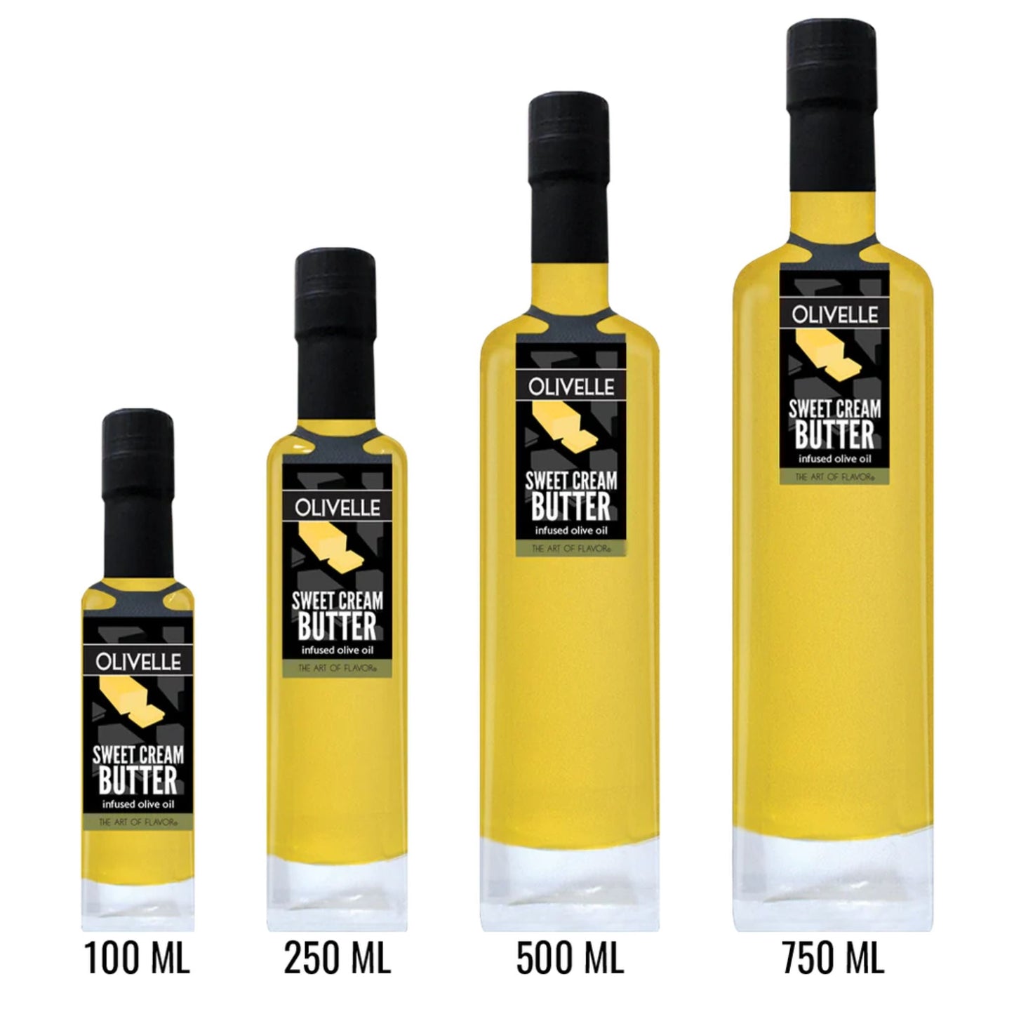 Four bottles of Olivelle Sweet Cream Butter in graduated sizes (100 ML, 250 ML, 500 ML, and 750 ML) arranged by volume, showing the yellow-colored butter inside clear glass bottles with black caps and labels.