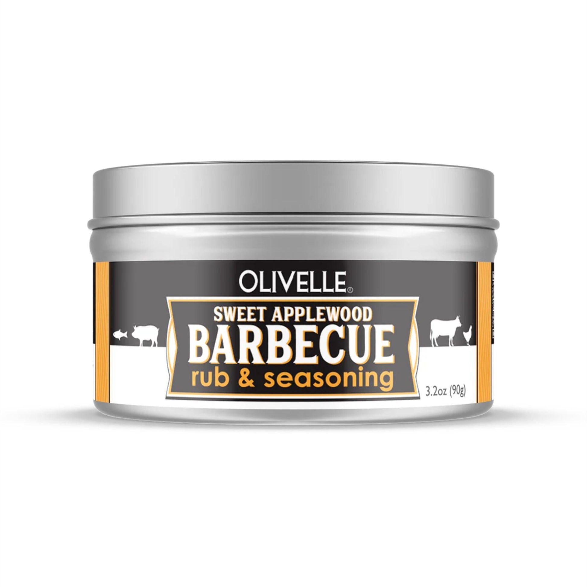 A silver metal tin of Olivelle Sweet Applewood Barbecue rub & seasoning, 3.2 oz (90g), on a white background with a soft shadow.