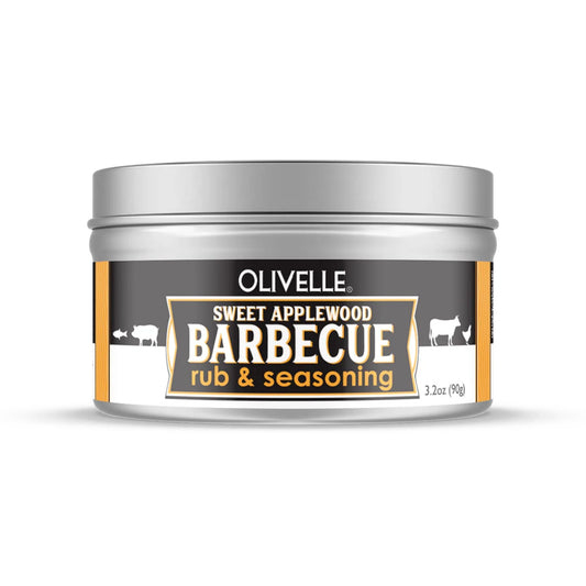 A silver metal tin of Olivelle Sweet Applewood Barbecue rub & seasoning, 3.2 oz (90g), on a white background with a soft shadow.