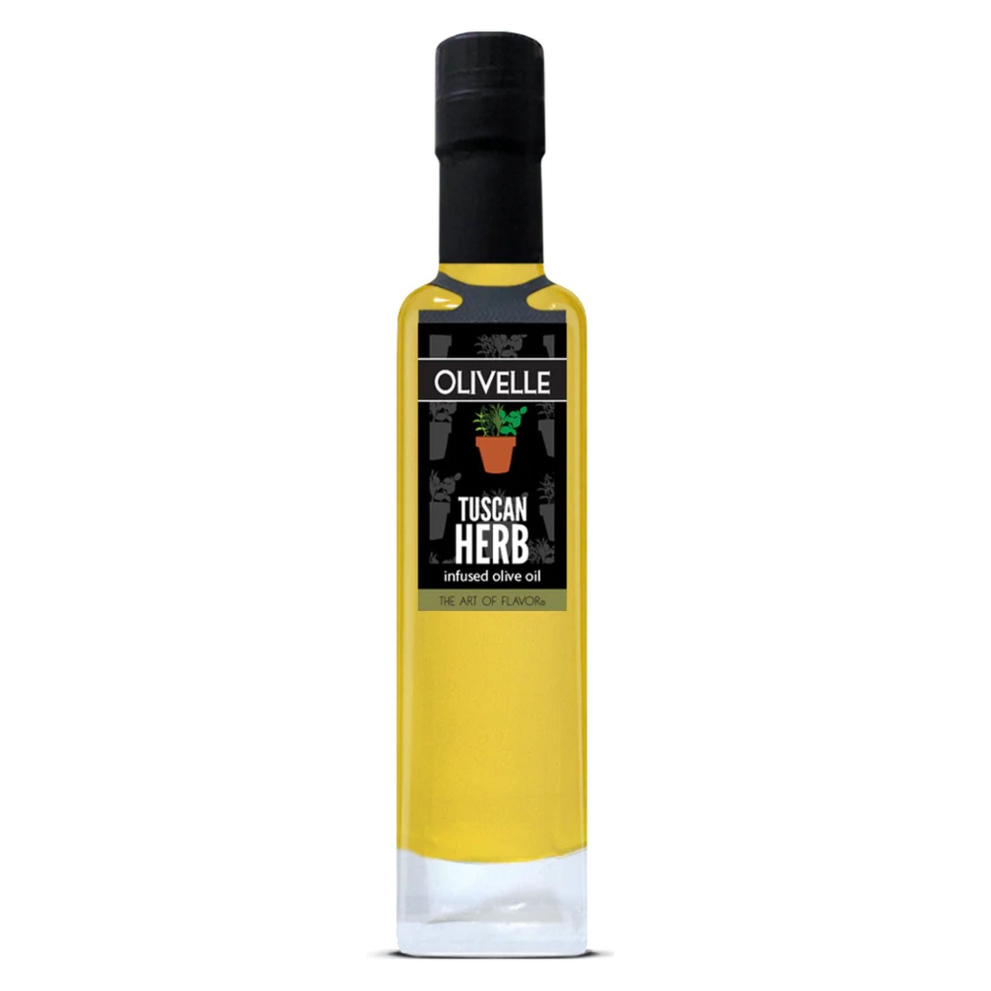 A tall, narrow glass bottle of Olivelle Tuscan Herb infused olive oil, filled with golden yellow oil and featuring a black cap and black label, set against a plain white background.