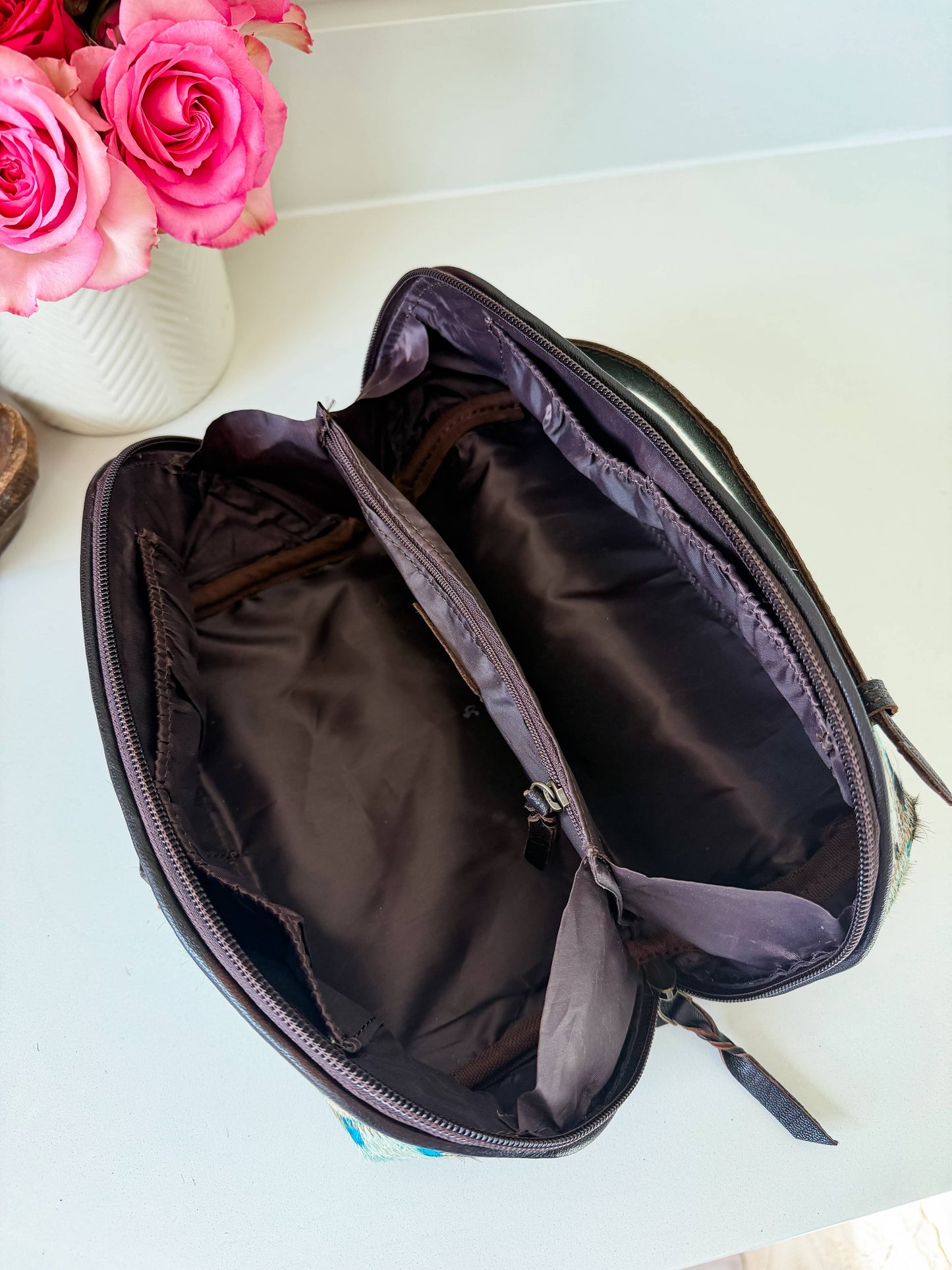 Cowhide Makeup Bag Leather Cosmetic Diagonal Opening