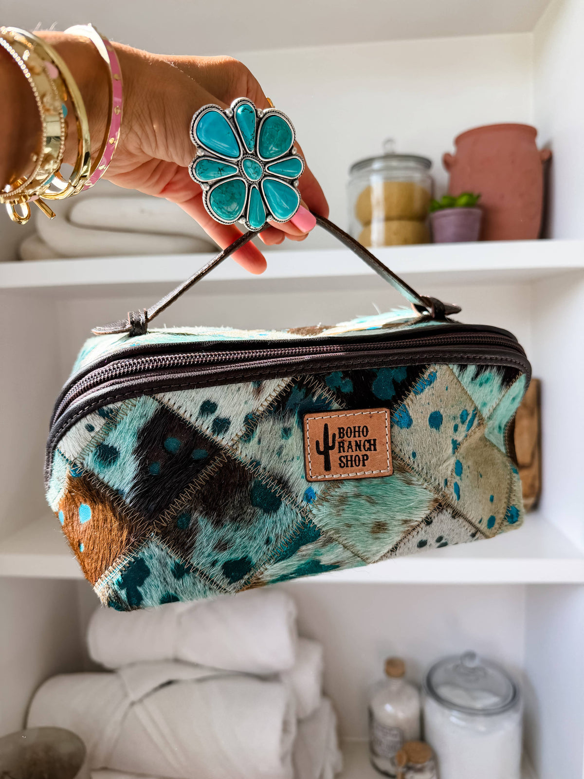 Cowhide Makeup Bag Leather Cosmetic Diagonal Opening