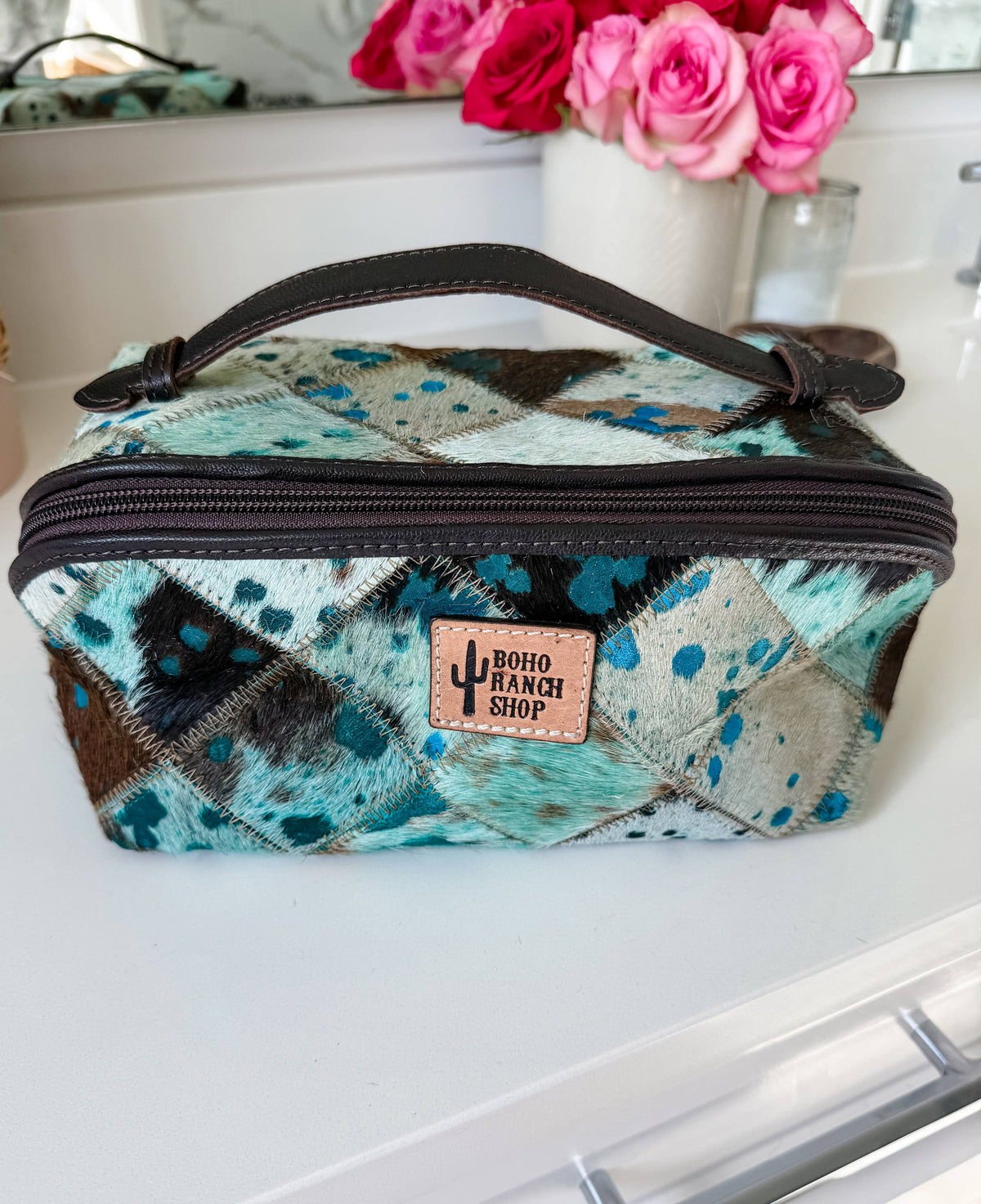 Cowhide Makeup Bag Leather Cosmetic Diagonal Opening